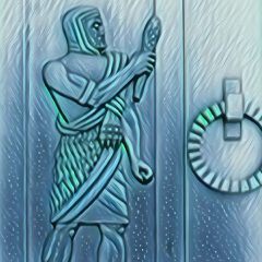 Colorized figure of the deity Ogma on door at the American Library of Congress annex.