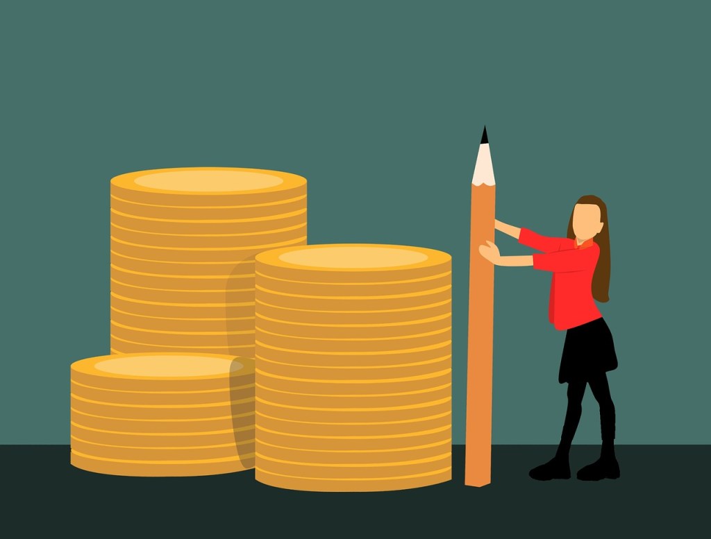 Drawing of human-sized stacks of coins and a human-sized pencil, with a cartoon woman holding the pencil up vertically next to the stack of coins.