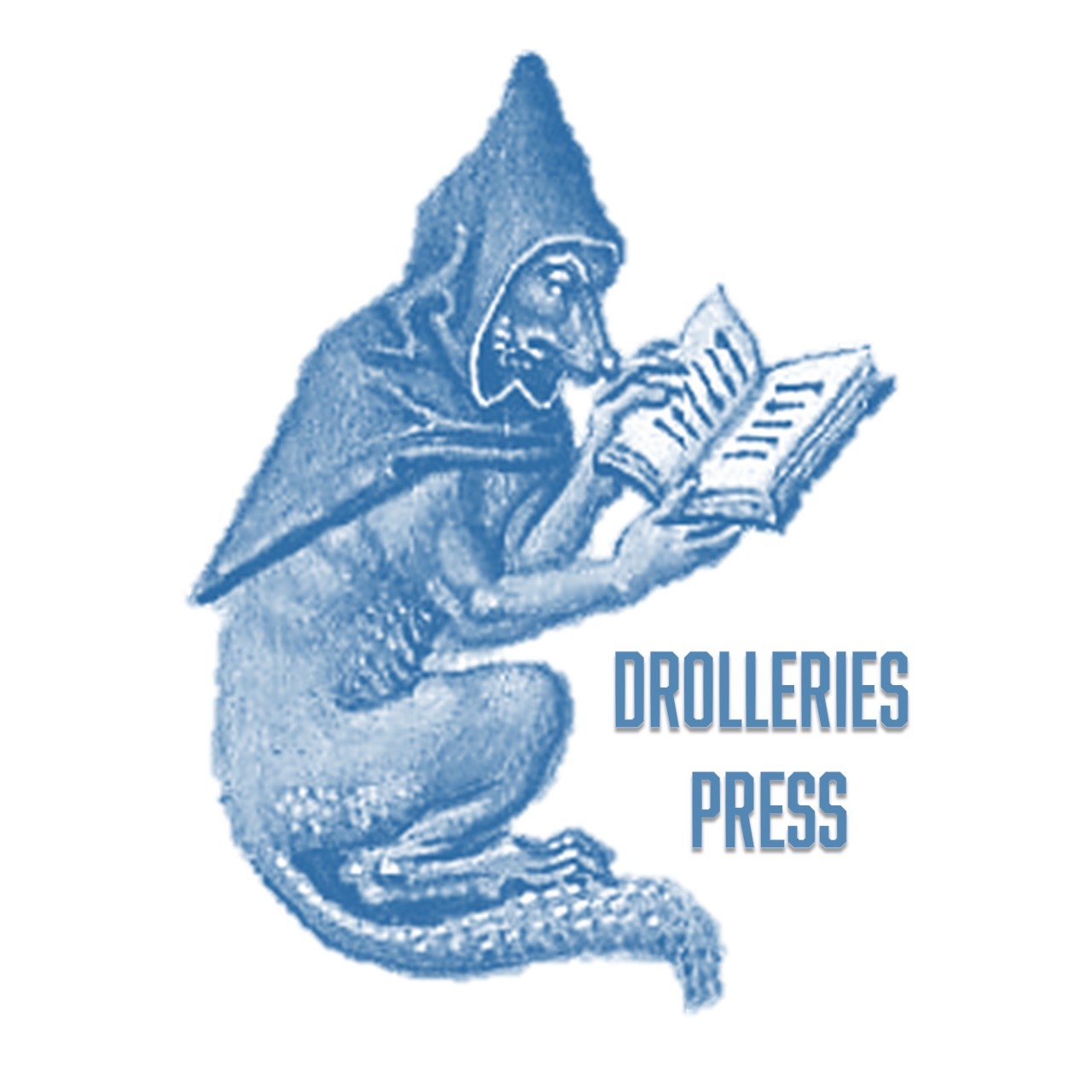 Logo showing a medieval manuscript margin illustration of a dog wearing a monk's hood, reading a book.